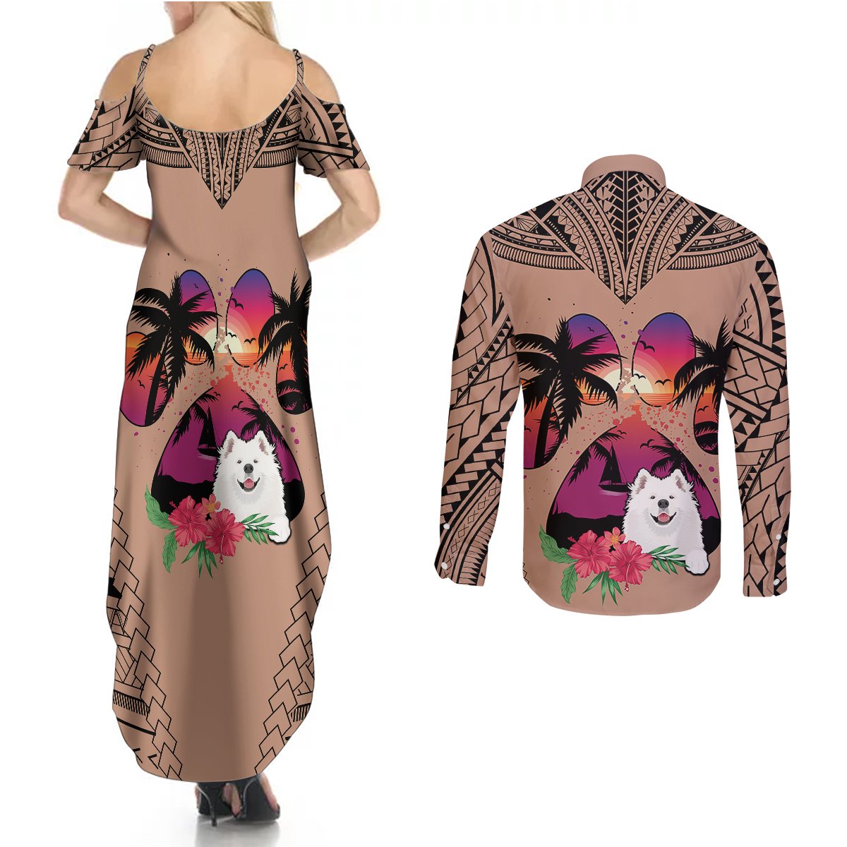 Polynesian Couples Matching Summer Maxi Dress and Long Sleeve Button Shirts Dog Lover With Samoyed - Sunset At The Beach Brown Ver LT7 - Wonder Print Shop