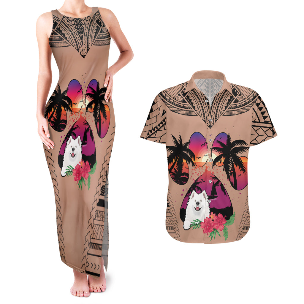 Polynesian Couples Matching Tank Maxi Dress and Hawaiian Shirt Dog Lover With Samoyed - Sunset At The Beach Brown Ver LT7 - Wonder Print Shop