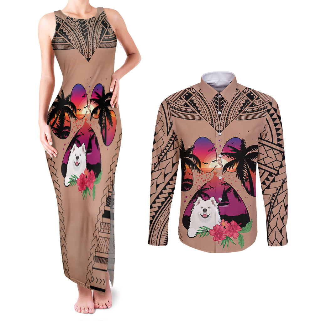 Polynesian Couples Matching Tank Maxi Dress and Long Sleeve Button Shirts Dog Lover With Samoyed - Sunset At The Beach Brown Ver LT7 - Wonder Print Shop
