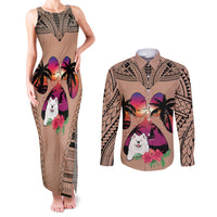 Polynesian Couples Matching Tank Maxi Dress and Long Sleeve Button Shirts Dog Lover With Samoyed - Sunset At The Beach Brown Ver LT7 - Wonder Print Shop