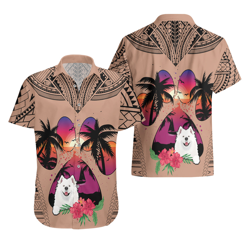 Polynesian Hawaiian Shirt Dog Lover With Samoyed - Sunset At The Beach Brown Ver - Wonder Print Shop