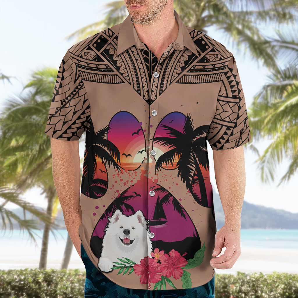 Polynesian Hawaiian Shirt Dog Lover With Samoyed - Sunset At The Beach Brown Ver - Wonder Print Shop