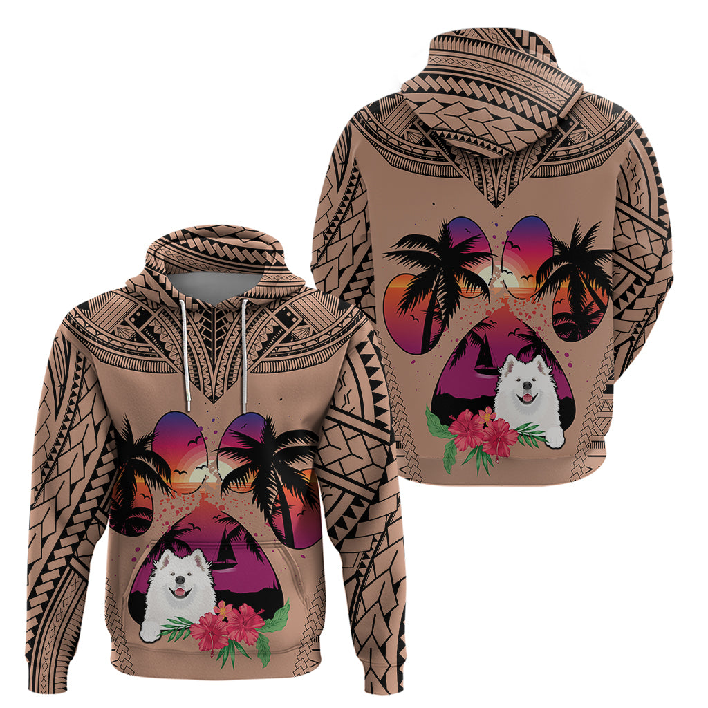 Polynesian Hoodie Dog Lover With Samoyed - Sunset At The Beach Brown Ver - Wonder Print Shop