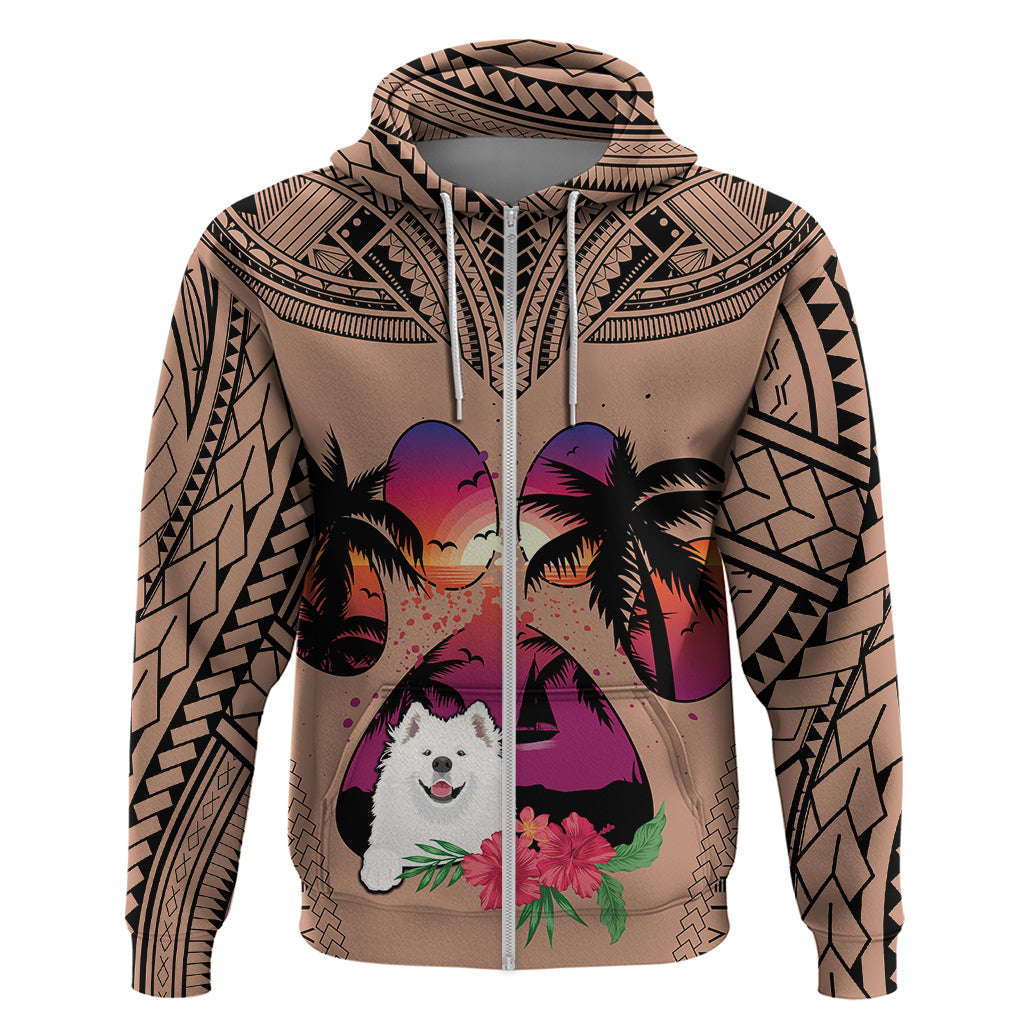 Polynesian Hoodie Dog Lover With Samoyed - Sunset At The Beach Brown Ver - Wonder Print Shop