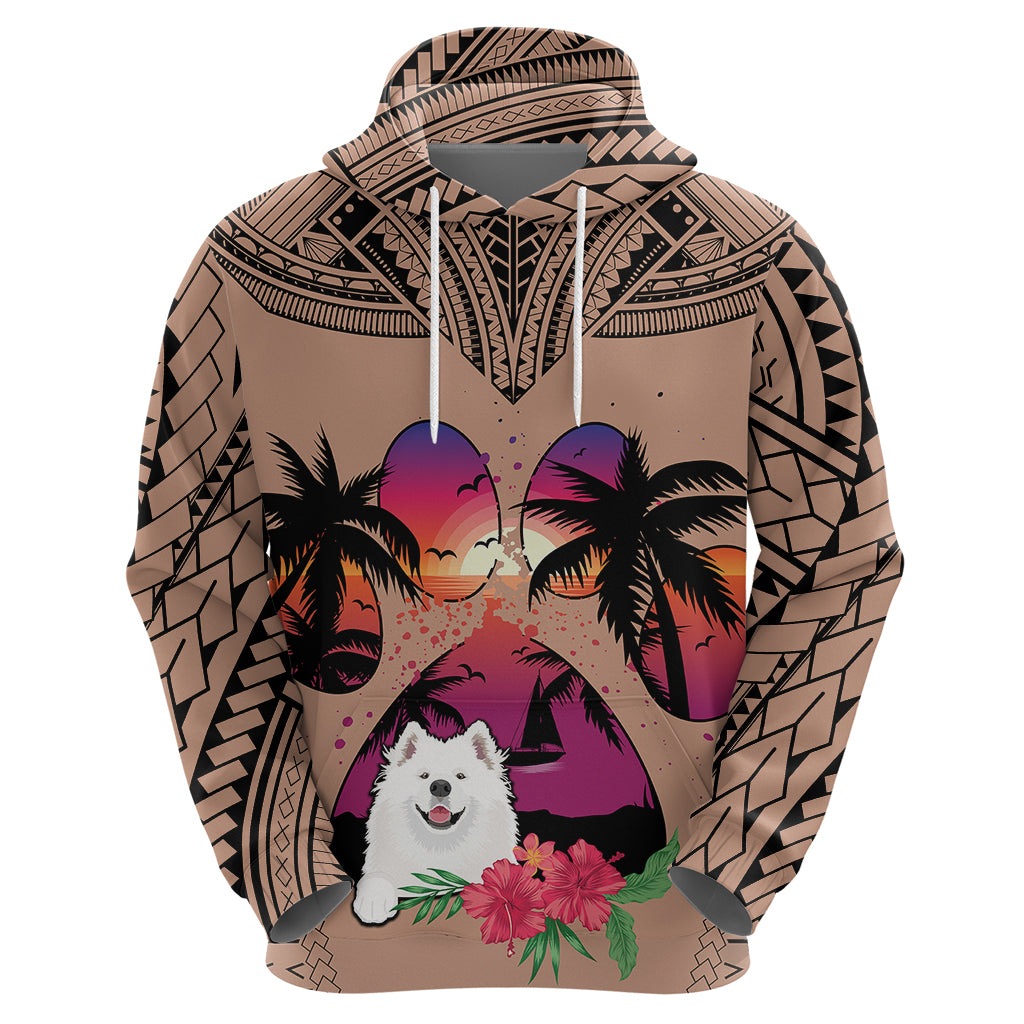 Polynesian Hoodie Dog Lover With Samoyed - Sunset At The Beach Brown Ver - Wonder Print Shop