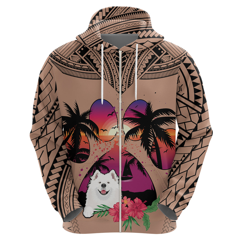 Polynesian Hoodie Dog Lover With Samoyed - Sunset At The Beach Brown Ver - Wonder Print Shop
