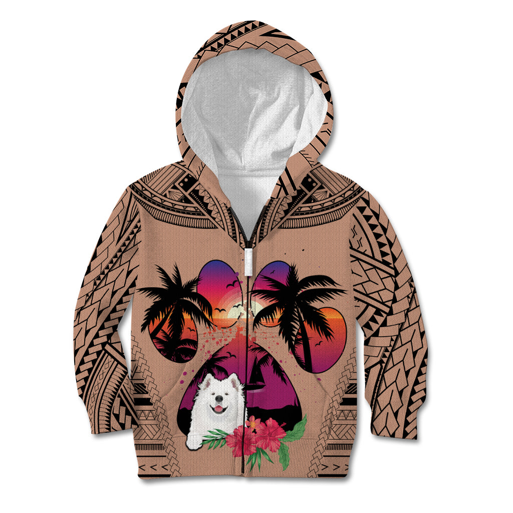 Polynesian Kid Hoodie Dog Lover With Samoyed - Sunset At The Beach Brown Ver - Wonder Print Shop