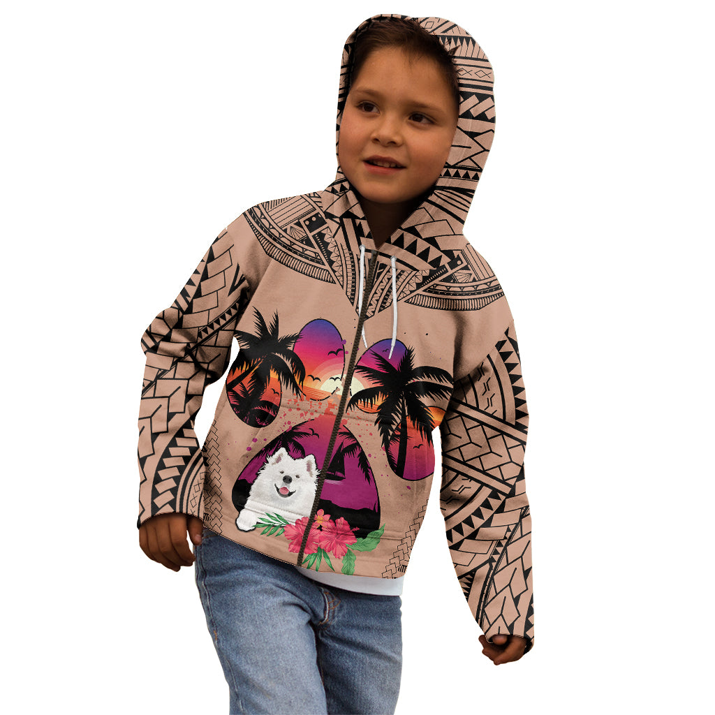 Polynesian Kid Hoodie Dog Lover With Samoyed - Sunset At The Beach Brown Ver - Wonder Print Shop