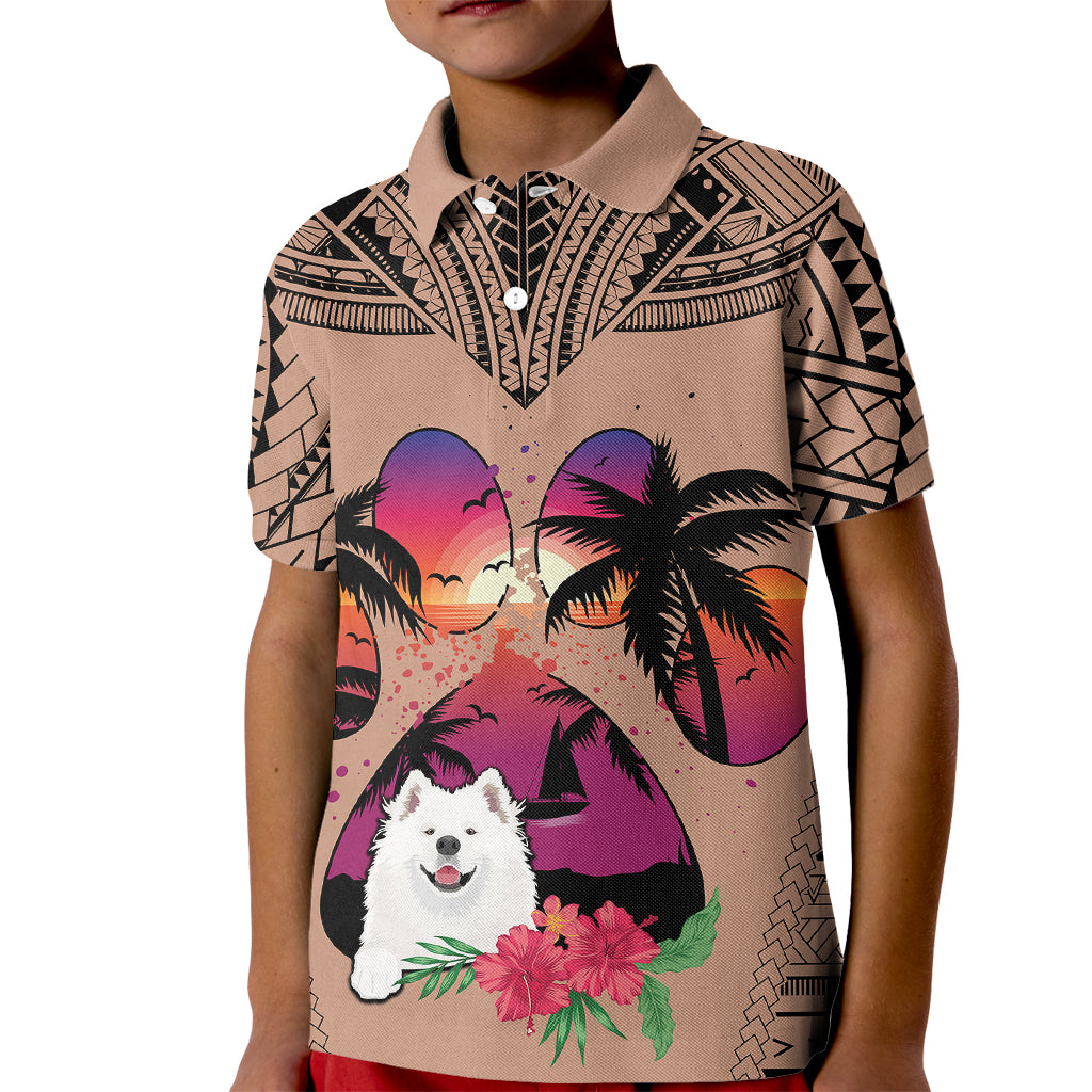 Polynesian Kid Polo Shirt Dog Lover With Samoyed - Sunset At The Beach Brown Ver - Wonder Print Shop