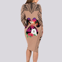 Polynesian Long Sleeve Bodycon Dress Dog Lover With Samoyed - Sunset At The Beach Brown Ver - Wonder Print Shop