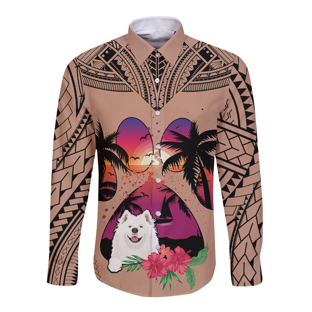 Polynesian Long Sleeve Button Shirt Dog Lover With Samoyed - Sunset At The Beach Brown Ver - Wonder Print Shop
