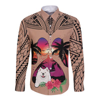 Polynesian Long Sleeve Button Shirt Dog Lover With Samoyed - Sunset At The Beach Brown Ver - Wonder Print Shop