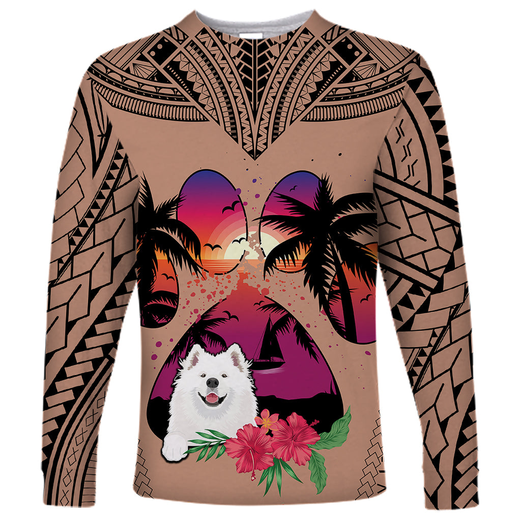 Polynesian Long Sleeve Shirt Dog Lover With Samoyed - Sunset At The Beach Brown Ver - Wonder Print Shop
