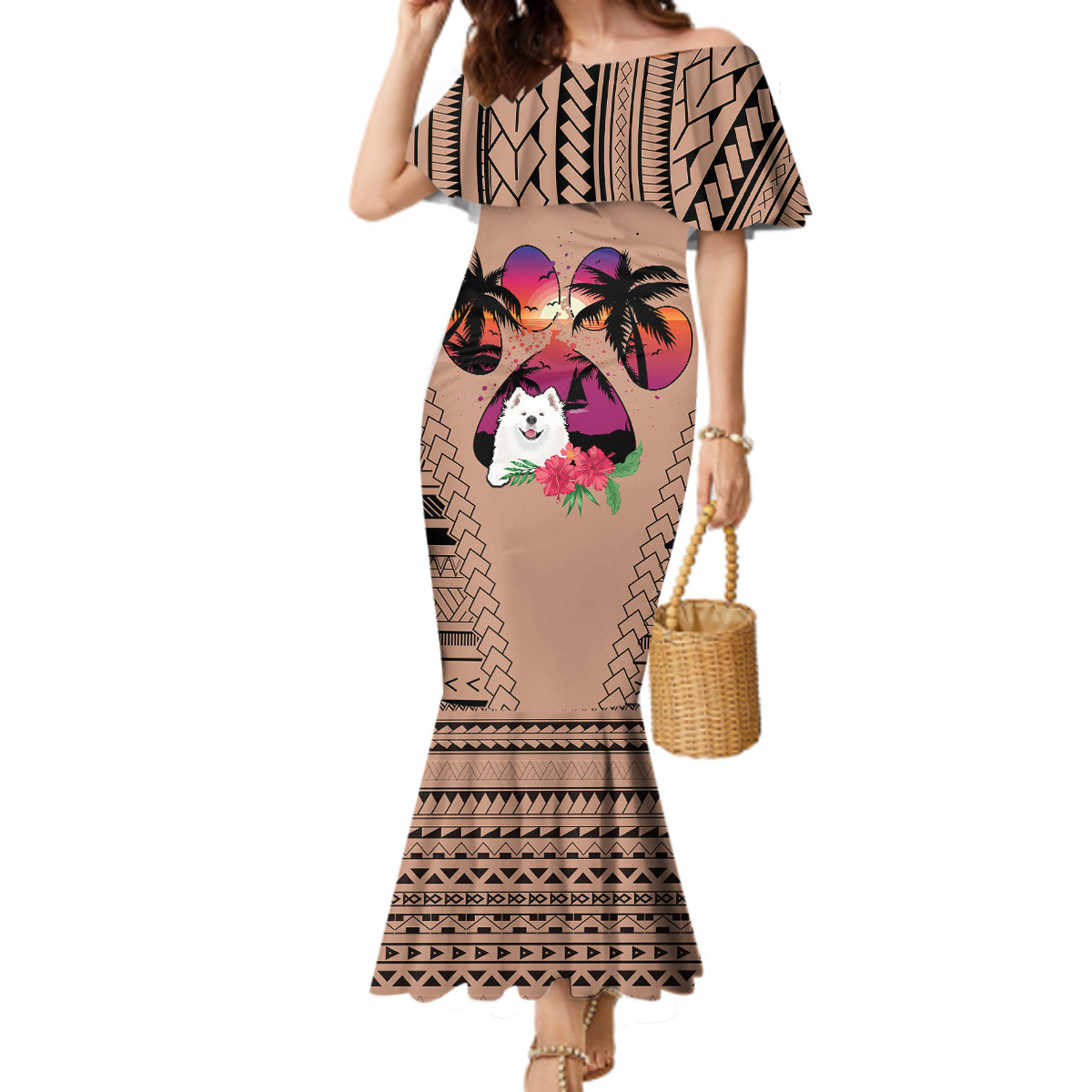 Polynesian Mermaid Dress Dog Lover With Samoyed - Sunset At The Beach Brown Ver - Wonder Print Shop