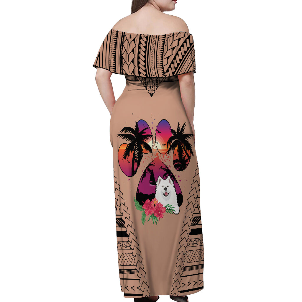 Polynesian Off Shoulder Maxi Dress Dog Lover With Samoyed - Sunset At The Beach Brown Ver - Wonder Print Shop