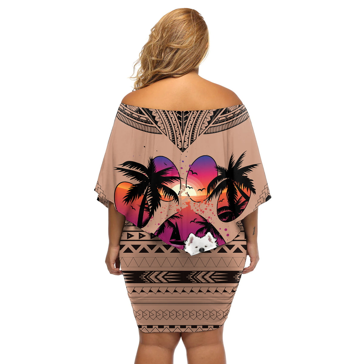 Polynesian Off Shoulder Short Dress Dog Lover With Samoyed - Sunset At The Beach Brown Ver - Wonder Print Shop