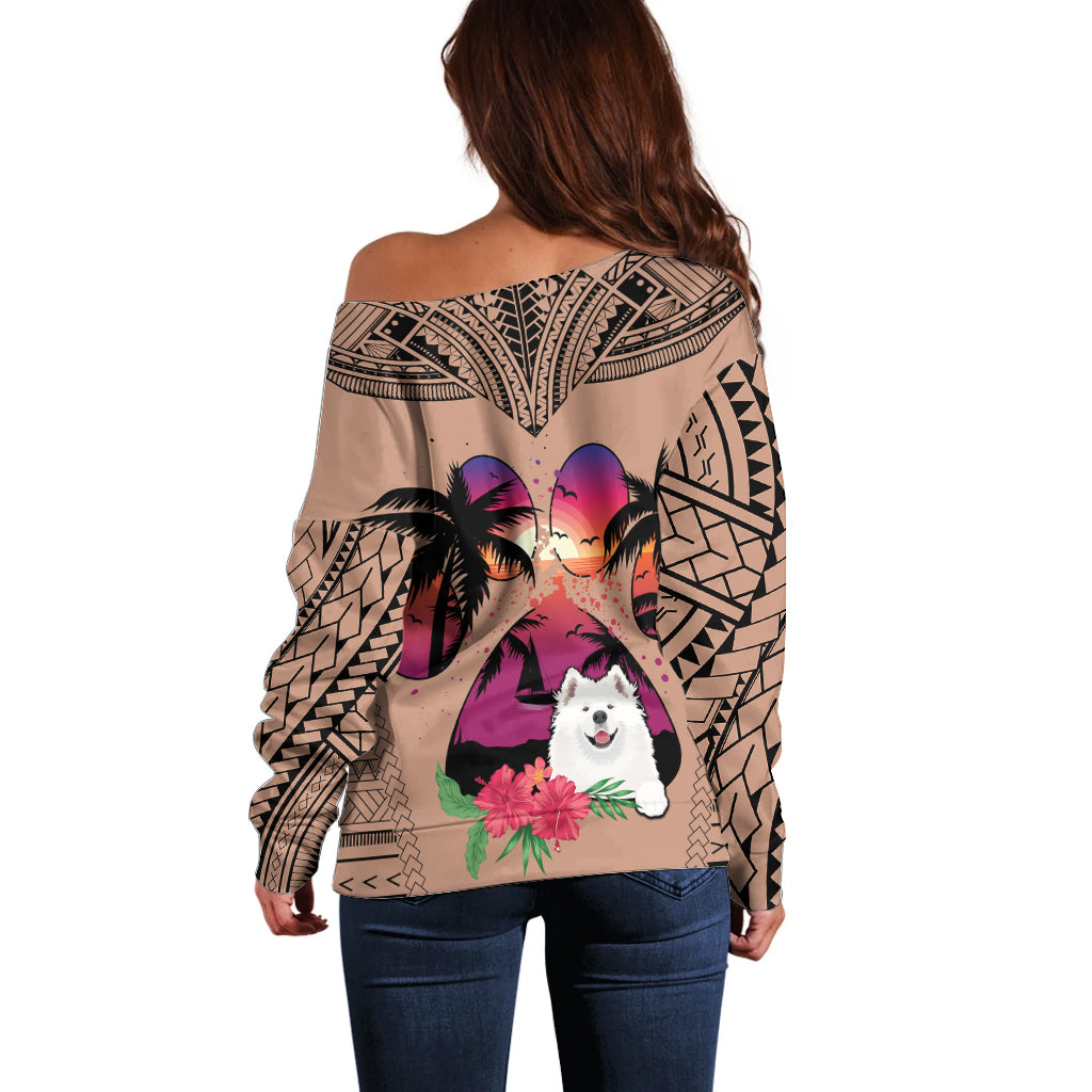 Polynesian Off Shoulder Sweater Dog Lover With Samoyed - Sunset At The Beach Brown Ver - Wonder Print Shop