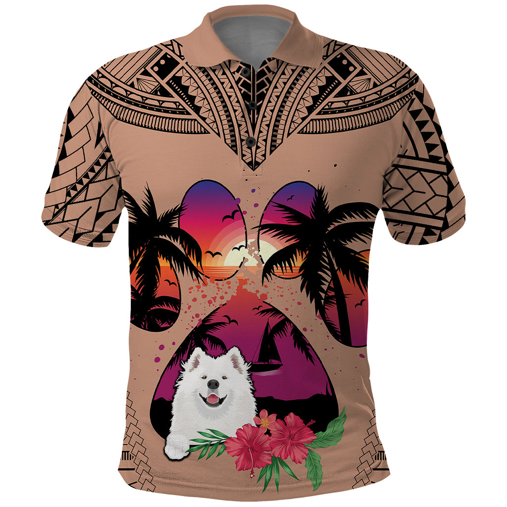 Polynesian Polo Shirt Dog Lover With Samoyed - Sunset At The Beach Brown Ver - Wonder Print Shop