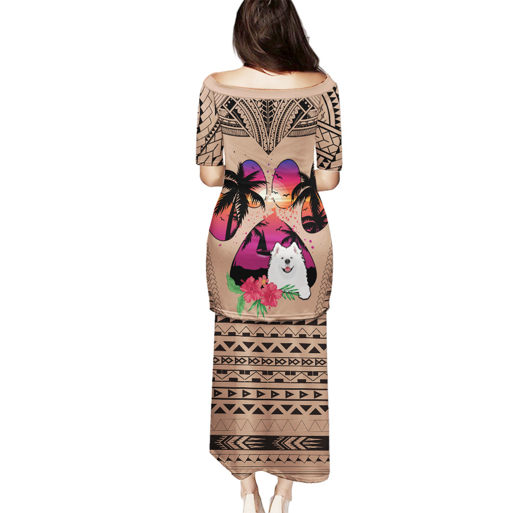 Polynesian Puletasi Dog Lover With Samoyed - Sunset At The Beach Brown Ver - Wonder Print Shop