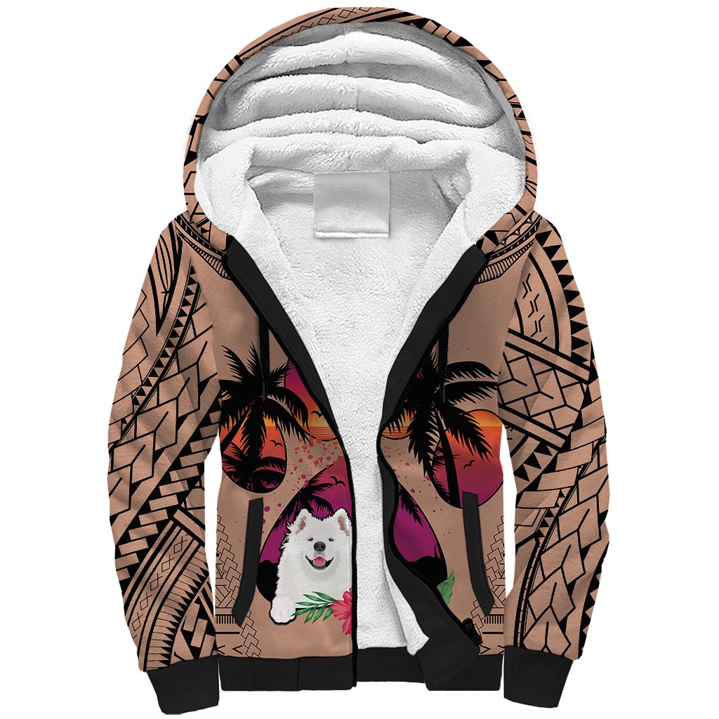 Polynesian Sherpa Hoodie Dog Lover With Samoyed - Sunset At The Beach Brown Ver - Wonder Print Shop