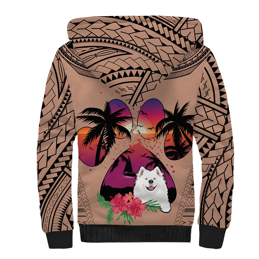 Polynesian Sherpa Hoodie Dog Lover With Samoyed - Sunset At The Beach Brown Ver - Wonder Print Shop