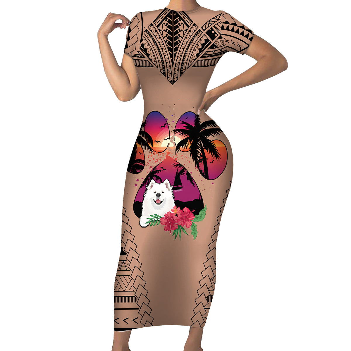 Polynesian Short Sleeve Bodycon Dress Dog Lover With Samoyed - Sunset At The Beach Brown Ver - Wonder Print Shop
