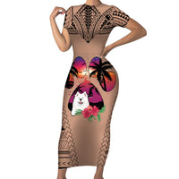 Polynesian Short Sleeve Bodycon Dress Dog Lover With Samoyed - Sunset At The Beach Brown Ver - Wonder Print Shop