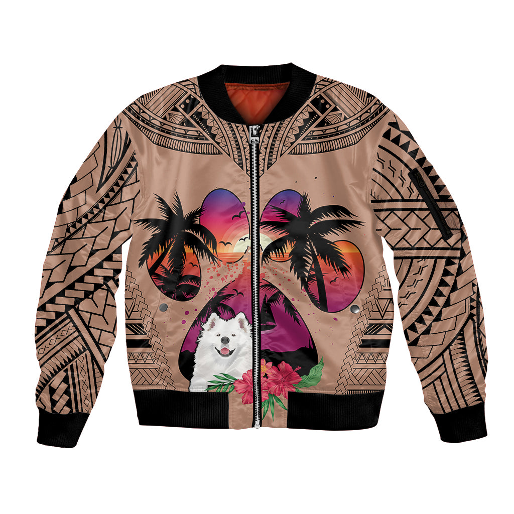 Polynesian Sleeve Zip Bomber Jacket Dog Lover With Samoyed - Sunset At The Beach Brown Ver - Wonder Print Shop