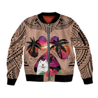 Polynesian Sleeve Zip Bomber Jacket Dog Lover With Samoyed - Sunset At The Beach Brown Ver - Wonder Print Shop