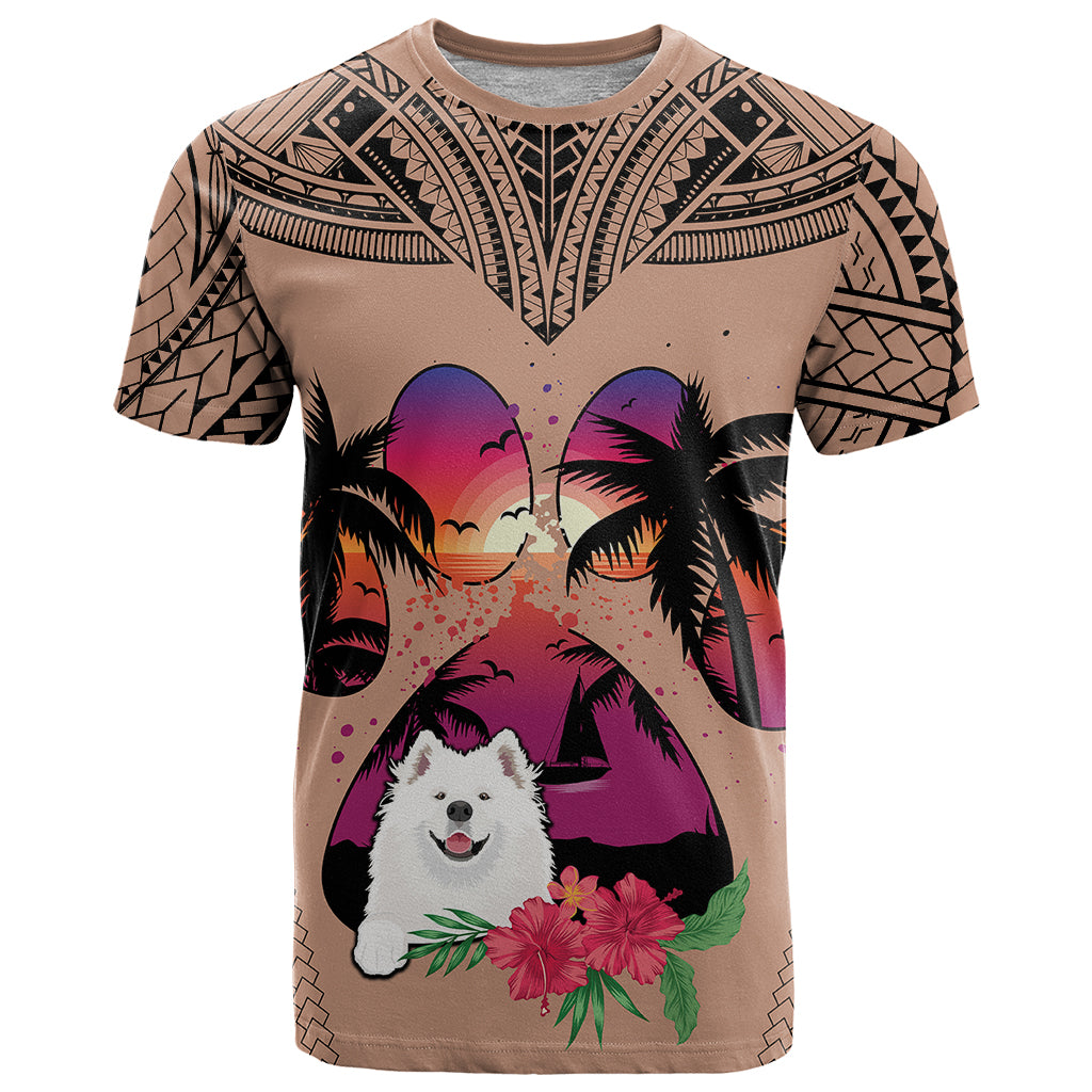 Polynesian T Shirt Dog Lover With Samoyed - Sunset At The Beach Brown Ver - Wonder Print Shop