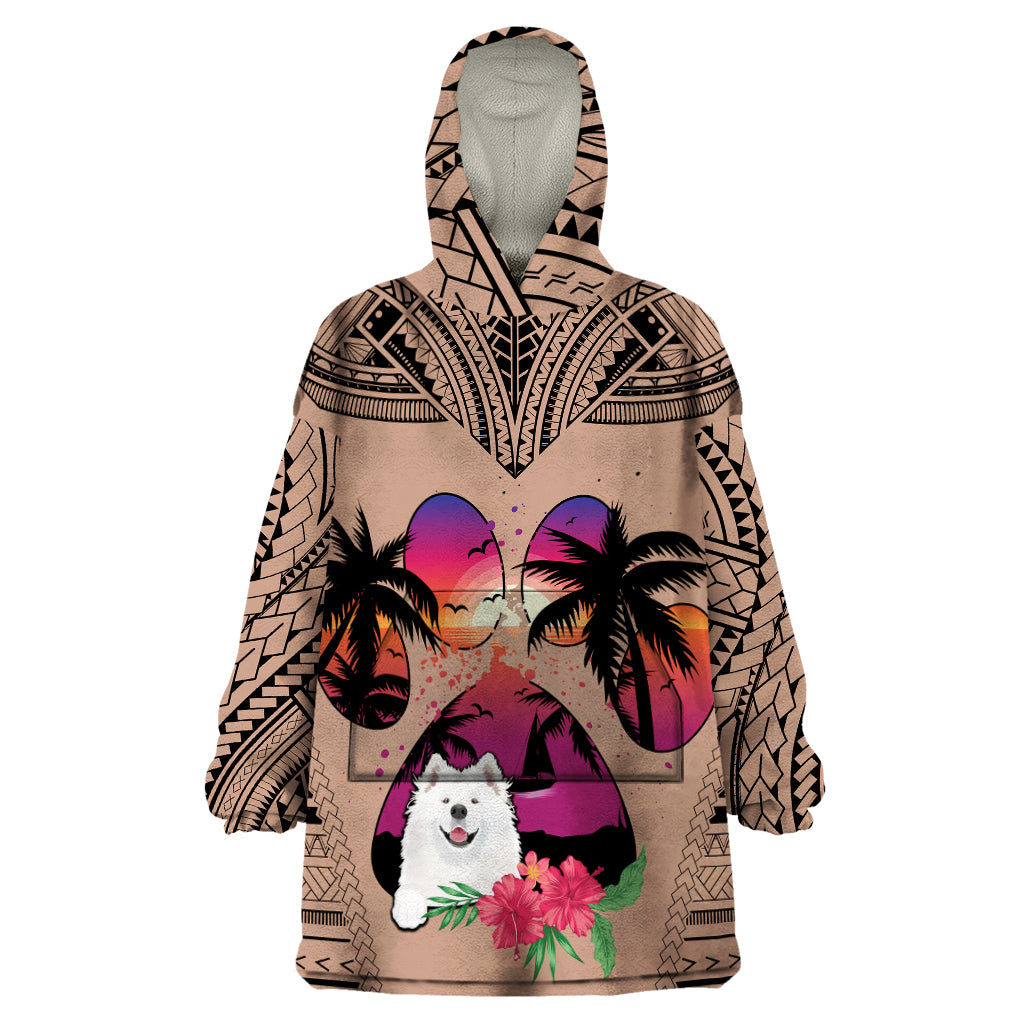 Polynesian Wearable Blanket Hoodie Dog Lover With Samoyed - Sunset At The Beach Brown Ver - Wonder Print Shop