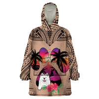 Polynesian Wearable Blanket Hoodie Dog Lover With Samoyed - Sunset At The Beach Brown Ver - Wonder Print Shop