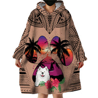 Polynesian Wearable Blanket Hoodie Dog Lover With Samoyed - Sunset At The Beach Brown Ver - Wonder Print Shop