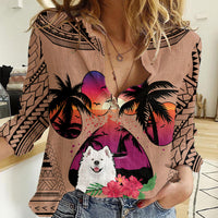 Polynesian Women Casual Shirt Dog Lover With Samoyed - Sunset At The Beach Brown Ver - Wonder Print Shop
