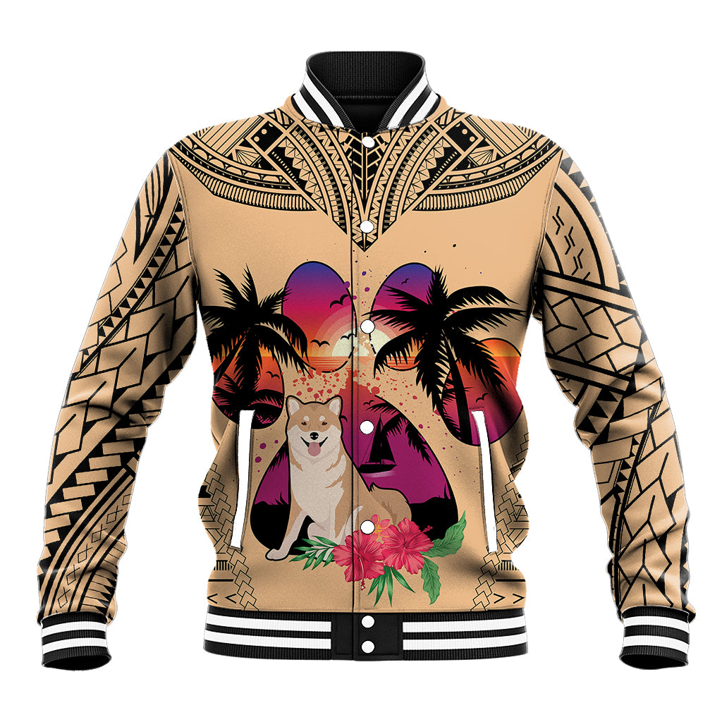 Polynesian Baseball Jacket Dog Lover With Shiba Inu - Sunset At The Beach LT7 - Wonder Print Shop