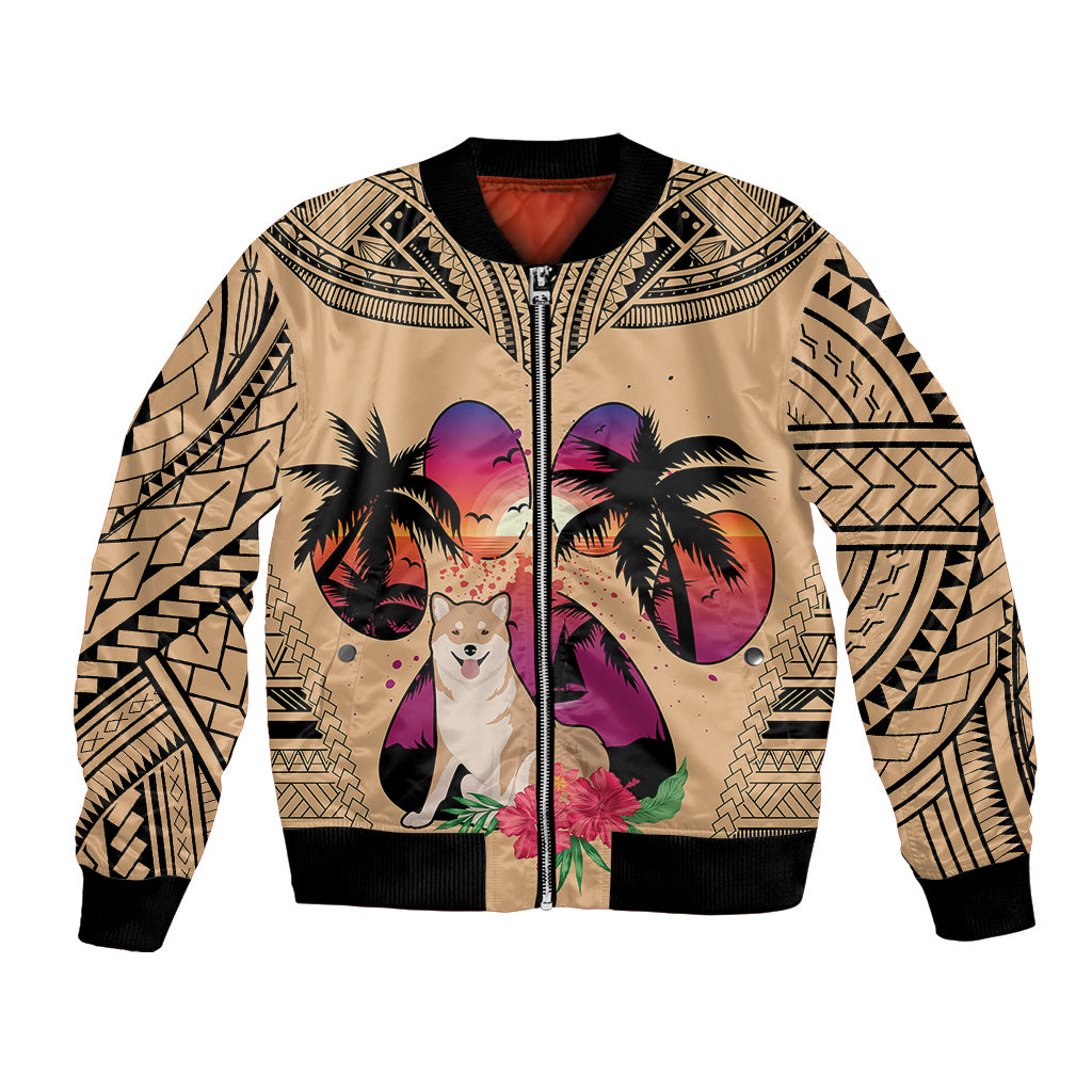 Polynesian Bomber Jacket Dog Lover With Shiba Inu - Sunset At The Beach LT7 - Wonder Print Shop