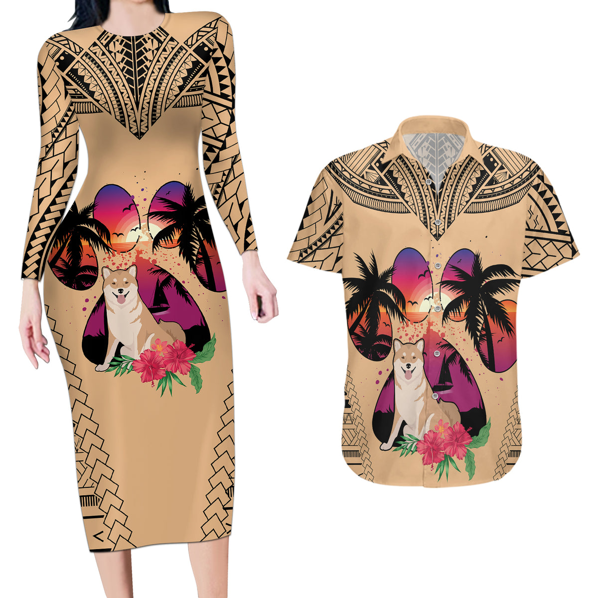 Polynesian Couples Matching Long Sleeve Bodycon Dress and Hawaiian Shirt Dog Lover With Shiba Inu - Sunset At The Beach LT7 - Wonder Print Shop