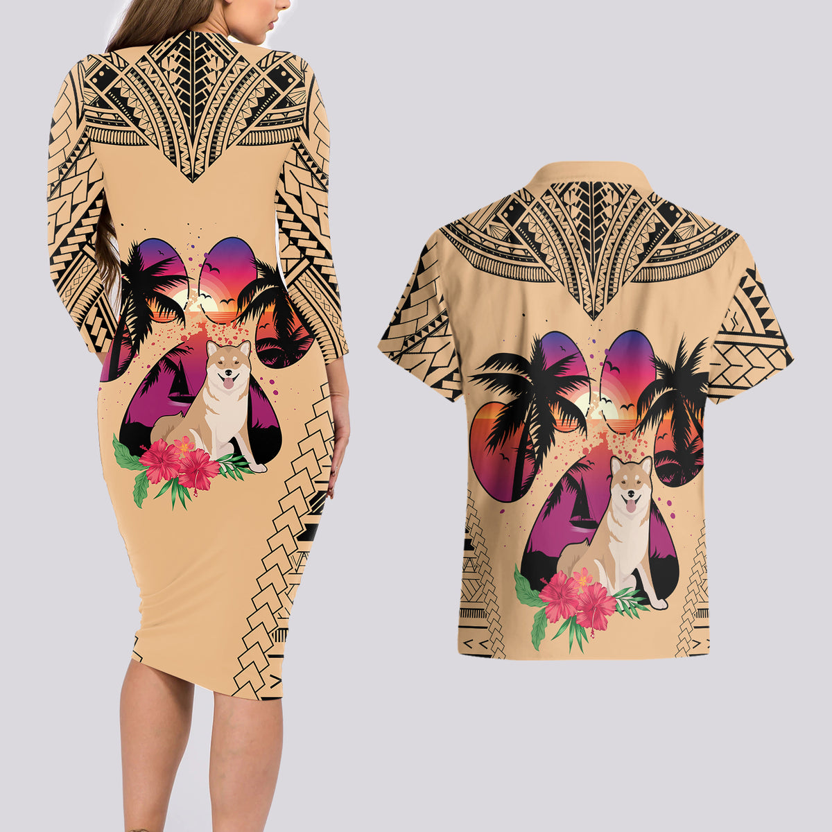 Polynesian Couples Matching Long Sleeve Bodycon Dress and Hawaiian Shirt Dog Lover With Shiba Inu - Sunset At The Beach LT7 - Wonder Print Shop