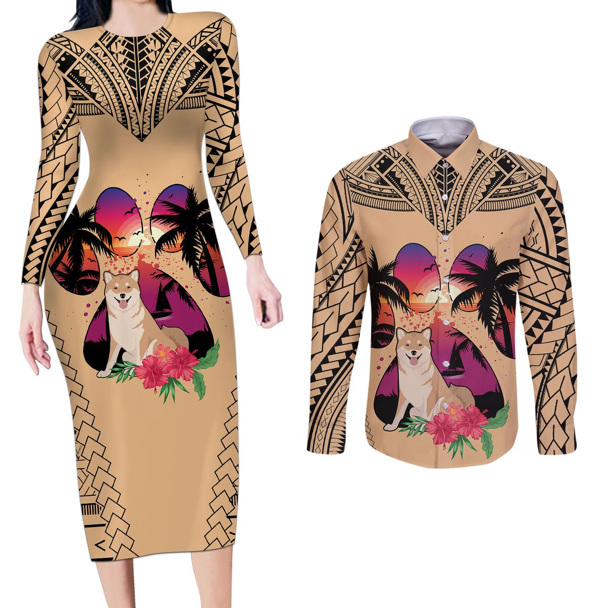 Polynesian Couples Matching Long Sleeve Bodycon Dress and Long Sleeve Button Shirts Dog Lover With Shiba Inu - Sunset At The Beach LT7 - Wonder Print Shop