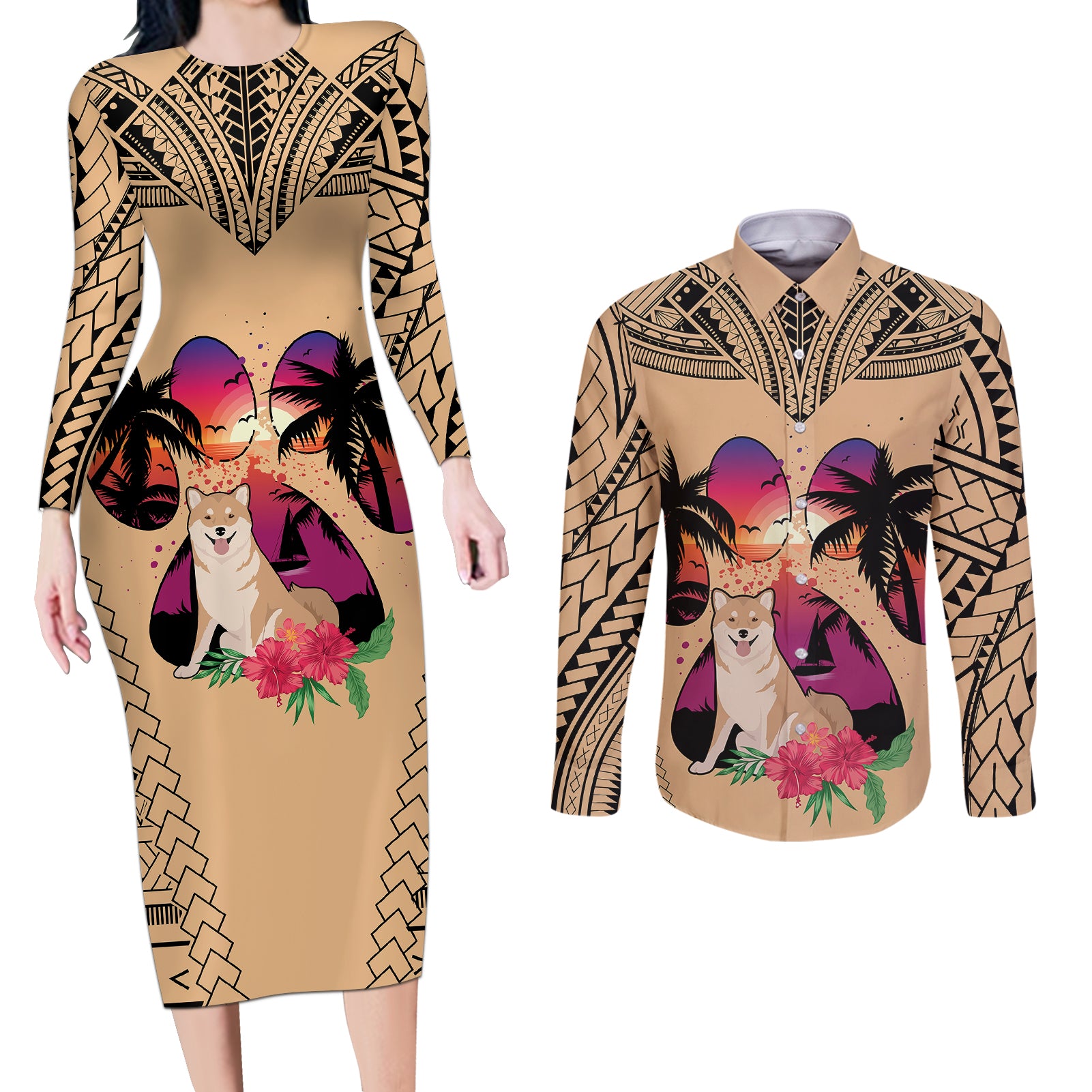 Polynesian Couples Matching Long Sleeve Bodycon Dress and Long Sleeve Button Shirts Dog Lover With Shiba Inu - Sunset At The Beach LT7 - Wonder Print Shop
