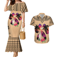 Polynesian Couples Matching Mermaid Dress and Hawaiian Shirt Dog Lover With Shiba Inu - Sunset At The Beach LT7 - Wonder Print Shop