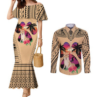 polynesian-couples-matching-mermaid-dress-and-long-sleeve-button-shirts-dog-lover-with-shiba-inu-sunset-at-the-beach