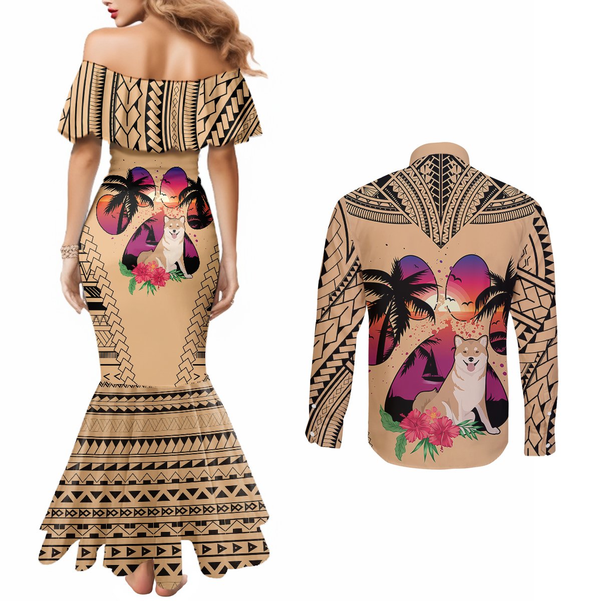 polynesian-couples-matching-mermaid-dress-and-long-sleeve-button-shirts-dog-lover-with-shiba-inu-sunset-at-the-beach