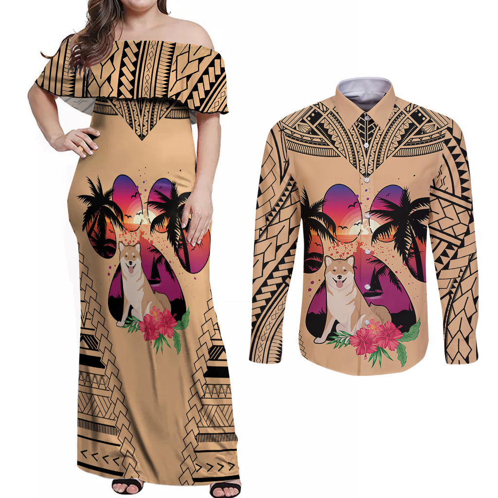 Polynesian Couples Matching Off Shoulder Maxi Dress and Long Sleeve Button Shirts Dog Lover With Shiba Inu - Sunset At The Beach LT7 - Wonder Print Shop
