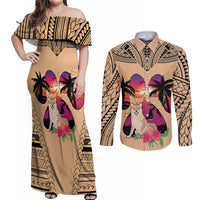 Polynesian Couples Matching Off Shoulder Maxi Dress and Long Sleeve Button Shirts Dog Lover With Shiba Inu - Sunset At The Beach LT7 - Wonder Print Shop