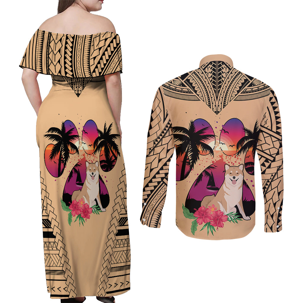 Polynesian Couples Matching Off Shoulder Maxi Dress and Long Sleeve Button Shirts Dog Lover With Shiba Inu - Sunset At The Beach LT7 - Wonder Print Shop
