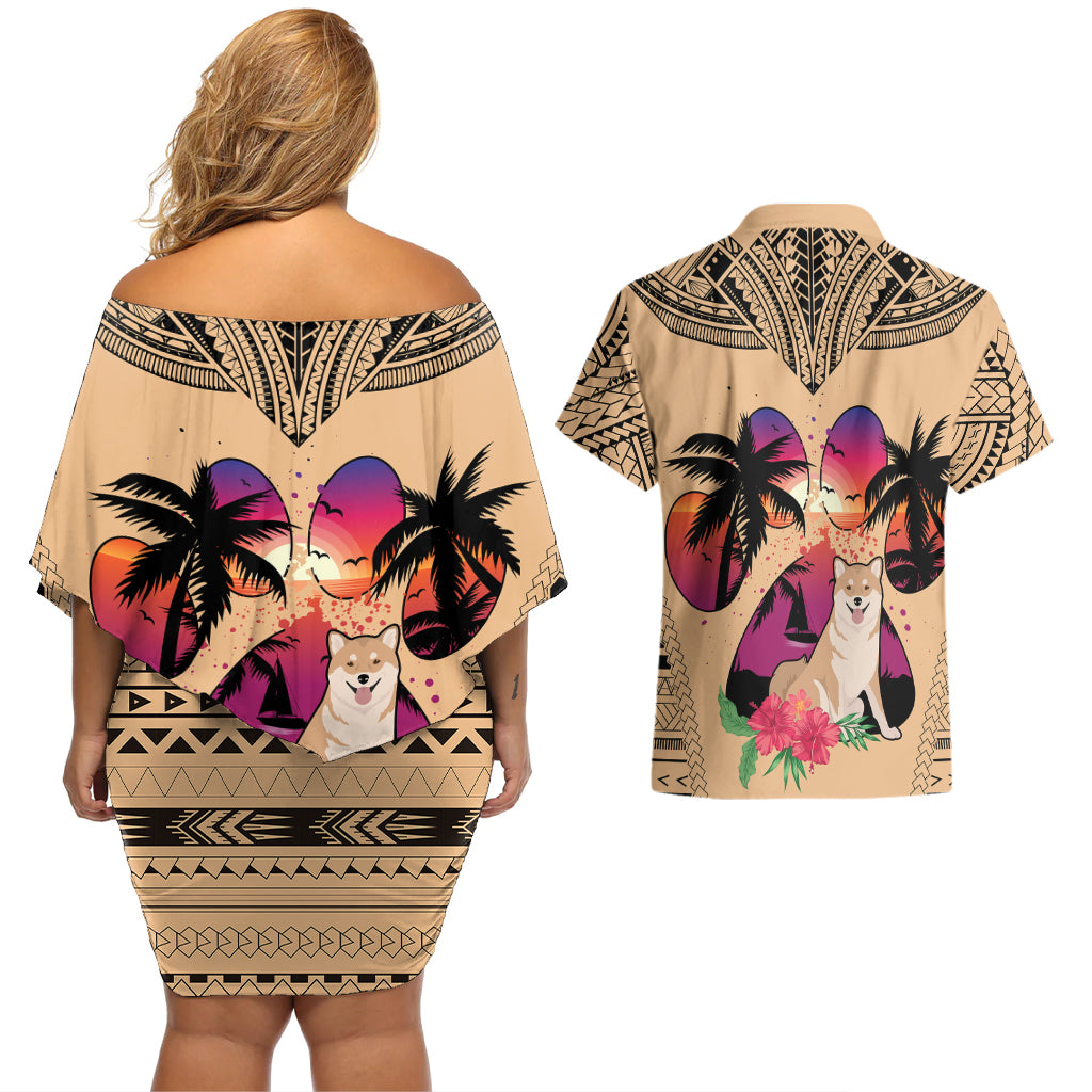 Polynesian Couples Matching Off Shoulder Short Dress and Hawaiian Shirt Dog Lover With Shiba Inu - Sunset At The Beach LT7 - Wonder Print Shop
