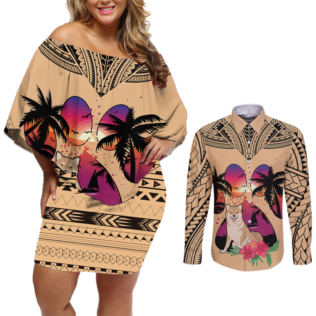 Polynesian Couples Matching Off Shoulder Short Dress and Long Sleeve Button Shirts Dog Lover With Shiba Inu - Sunset At The Beach LT7 - Wonder Print Shop