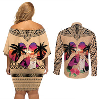 Polynesian Couples Matching Off Shoulder Short Dress and Long Sleeve Button Shirts Dog Lover With Shiba Inu - Sunset At The Beach LT7 - Wonder Print Shop