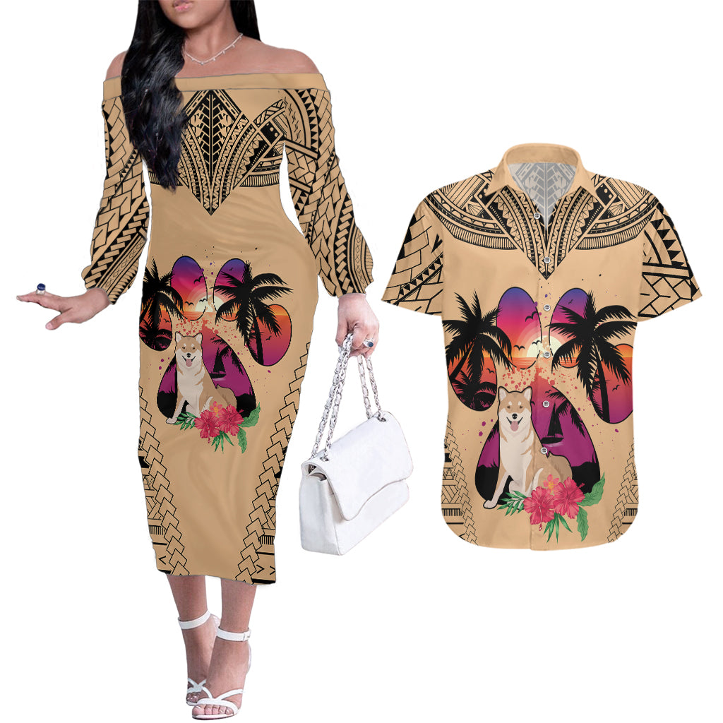Polynesian Couples Matching Off The Shoulder Long Sleeve Dress and Hawaiian Shirt Dog Lover With Shiba Inu - Sunset At The Beach LT7 - Wonder Print Shop